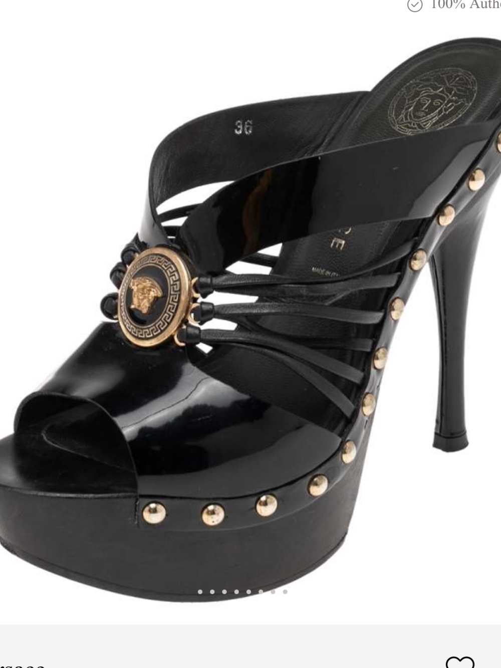 Versace Black Patent Leather and Wooden Platform Medusa Sandals Size 36